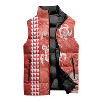 Red Hibiscus Turle Sleeveless Puffer Jacket Hawaiian Style Tribal Tapa Pattern - Polynesian Pride