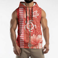 Red Hibiscus Turle Sleeveless Zip Hoodie Hawaiian Style Tribal Tapa Pattern - Polynesian Pride