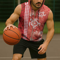 Red Hibiscus Turle Sleeveless Zip Hoodie Hawaiian Style Tribal Tapa Pattern - Polynesian Pride