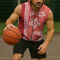 Red Hibiscus Turle Sleeveless Zip Hoodie Hawaiian Style Tribal Tapa Pattern LT9 - Polynesian Pride