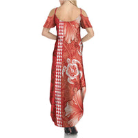 Red Hibiscus Turle Summer Maxi Dress Hawaiian Style Tribal Tapa Pattern