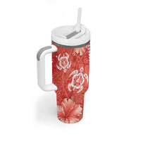 Red Hibiscus Turle Tumbler With Handle Hawaiian Style Tribal Tapa Pattern
