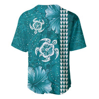 Teal Hibiscus Turle Baseball Jersey Hawaiian Style Tribal Tapa Pattern