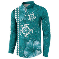 Teal Hibiscus Turle Button Sweatshirt Hawaiian Style Tribal Tapa Pattern