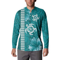 Teal Hibiscus Turle Button Sweatshirt Hawaiian Style Tribal Tapa Pattern