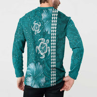 Teal Hibiscus Turle Button Sweatshirt Hawaiian Style Tribal Tapa Pattern
