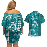 Teal Hibiscus Turle Couples Matching Off Shoulder Short Dress and Hawaiian Shirt Hawaiian Style Tribal Tapa Pattern