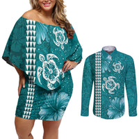 Teal Hibiscus Turle Couples Matching Off Shoulder Short Dress and Long Sleeve Button Shirt Hawaiian Style Tribal Tapa Pattern