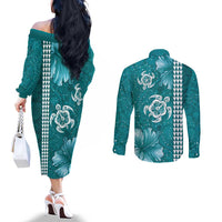 Teal Hibiscus Turle Couples Matching Off The Shoulder Long Sleeve Dress and Long Sleeve Button Shirt Hawaiian Style Tribal Tapa Pattern