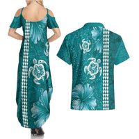 Teal Hibiscus Turle Couples Matching Summer Maxi Dress and Hawaiian Shirt Hawaiian Style Tribal Tapa Pattern