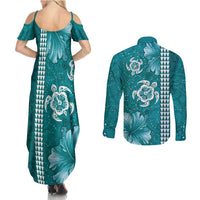 Teal Hibiscus Turle Couples Matching Summer Maxi Dress and Long Sleeve Button Shirt Hawaiian Style Tribal Tapa Pattern