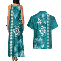 Teal Hibiscus Turle Couples Matching Tank Maxi Dress and Hawaiian Shirt Hawaiian Style Tribal Tapa Pattern