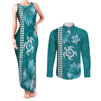 Teal Hibiscus Turle Couples Matching Tank Maxi Dress and Long Sleeve Button Shirt Hawaiian Style Tribal Tapa Pattern