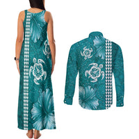 Teal Hibiscus Turle Couples Matching Tank Maxi Dress and Long Sleeve Button Shirt Hawaiian Style Tribal Tapa Pattern
