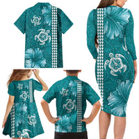Teal Hibiscus Turle Family Matching Long Sleeve Bodycon Dress and Hawaiian Shirt Hawaiian Style Tribal Tapa Pattern
