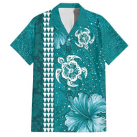 Teal Hibiscus Turle Family Matching Long Sleeve Bodycon Dress and Hawaiian Shirt Hawaiian Style Tribal Tapa Pattern