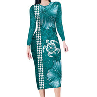 Teal Hibiscus Turle Family Matching Long Sleeve Bodycon Dress and Hawaiian Shirt Hawaiian Style Tribal Tapa Pattern