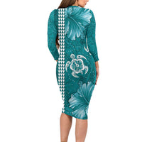 Teal Hibiscus Turle Family Matching Long Sleeve Bodycon Dress and Hawaiian Shirt Hawaiian Style Tribal Tapa Pattern