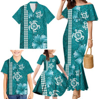 Teal Hibiscus Turle Family Matching Mermaid Dress and Hawaiian Shirt Hawaiian Style Tribal Tapa Pattern