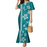 Teal Hibiscus Turle Family Matching Mermaid Dress and Hawaiian Shirt Hawaiian Style Tribal Tapa Pattern