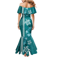 Teal Hibiscus Turle Family Matching Mermaid Dress and Hawaiian Shirt Hawaiian Style Tribal Tapa Pattern