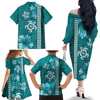 Teal Hibiscus Turle Family Matching Off The Shoulder Long Sleeve Dress and Hawaiian Shirt Hawaiian Style Tribal Tapa Pattern