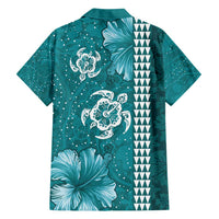 Teal Hibiscus Turle Family Matching Puletasi and Hawaiian Shirt Hawaiian Style Tribal Tapa Pattern