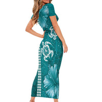 Teal Hibiscus Turle Family Matching Short Sleeve Bodycon Dress and Hawaiian Shirt Hawaiian Style Tribal Tapa Pattern