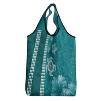 Teal Hibiscus Turle Grocery Bag Hawaiian Style Tribal Tapa Pattern