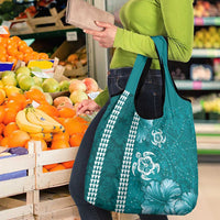 Teal Hibiscus Turle Grocery Bag Hawaiian Style Tribal Tapa Pattern