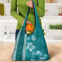 Teal Hibiscus Turle Grocery Bag Hawaiian Style Tribal Tapa Pattern