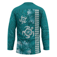 Teal Hibiscus Turle Hockey Jersey Hawaiian Style Tribal Tapa Pattern LT9 - Polynesian Pride