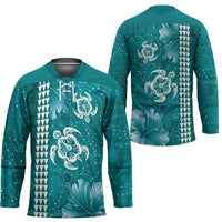 Teal Hibiscus Turle Hockey Jersey Hawaiian Style Tribal Tapa Pattern LT9 - Polynesian Pride