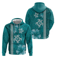 Teal Hibiscus Turle Hoodie Hawaiian Style Tribal Tapa Pattern