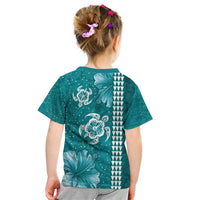 Teal Hibiscus Turle Kid T Shirt Hawaiian Style Tribal Tapa Pattern
