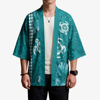 Teal Hibiscus Turle Kimono Hawaiian Style Tribal Tapa Pattern - Polynesian Pride