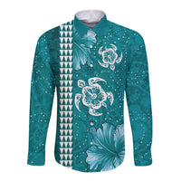 Teal Hibiscus Turle Long Sleeve Button Shirt Hawaiian Style Tribal Tapa Pattern