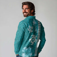 Teal Hibiscus Turle Long Sleeve Polo Shirt Hawaiian Style Tribal Tapa Pattern