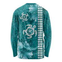 Teal Hibiscus Turle Long Sleeve Shirt Hawaiian Style Tribal Tapa Pattern