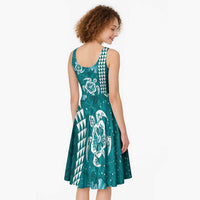 Teal Hibiscus Turle Midi Dress Hawaiian Style Tribal Tapa Pattern - Polynesian Pride