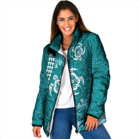 Teal Hibiscus Turle Padded Jacket Hawaiian Style Tribal Tapa Pattern - Polynesian Pride