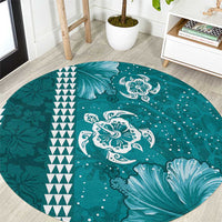 Teal Hibiscus Turle Round Carpet Hawaiian Style Tribal Tapa Pattern