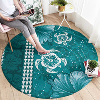 Teal Hibiscus Turle Round Carpet Hawaiian Style Tribal Tapa Pattern