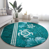 Teal Hibiscus Turle Round Carpet Hawaiian Style Tribal Tapa Pattern