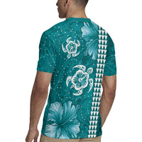 Teal Hibiscus Turle Rugby Jersey Hawaiian Style Tribal Tapa Pattern