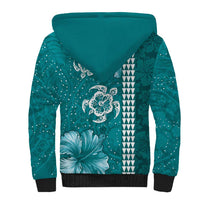 Teal Hibiscus Turle Sherpa Hoodie Hawaiian Style Tribal Tapa Pattern