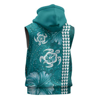 Teal Hibiscus Turle Sleeveless Zip Hoodie Hawaiian Style Tribal Tapa Pattern LT9 - Polynesian Pride