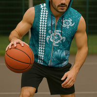 Teal Hibiscus Turle Sleeveless Zip Hoodie Hawaiian Style Tribal Tapa Pattern LT9 - Polynesian Pride