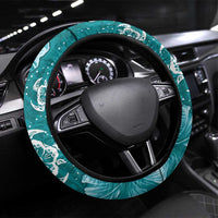 Teal Hibiscus Turle Steering Wheel Cover Hawaiian Style Tribal Tapa Pattern