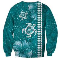 Teal Hibiscus Turle Sweatshirt Hawaiian Style Tribal Tapa Pattern